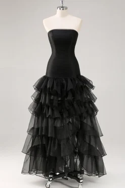 Vestidos Cerimónia Preto Longo Sem Alças Chiffon Tule Assimétrico