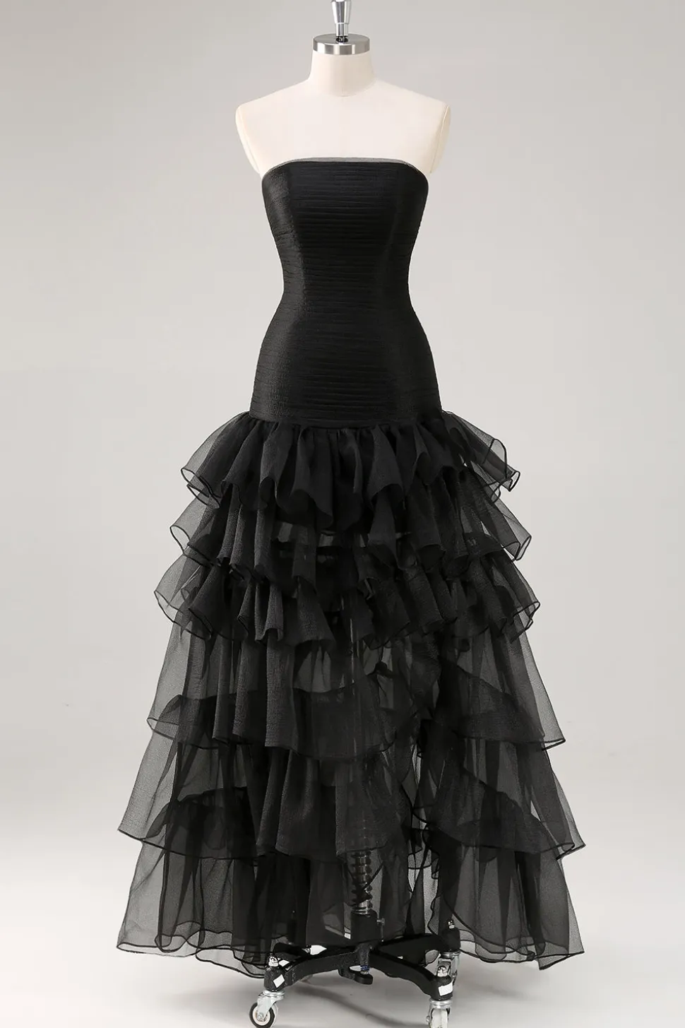 Vestidos Cerimónia Preto Longo Sem Alças Chiffon Tule Assimétrico