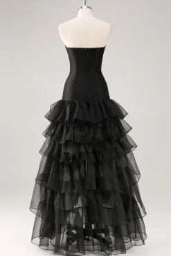 Vestidos Cerimónia Preto Longo Sem Alças Chiffon Tule Assimétrico
