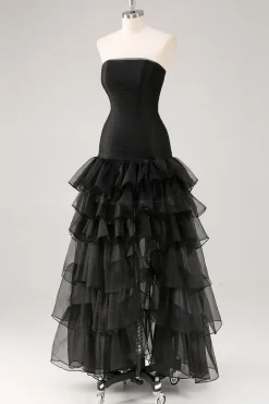 Vestidos Cerimónia Preto Longo Sem Alças Chiffon Tule Assimétrico