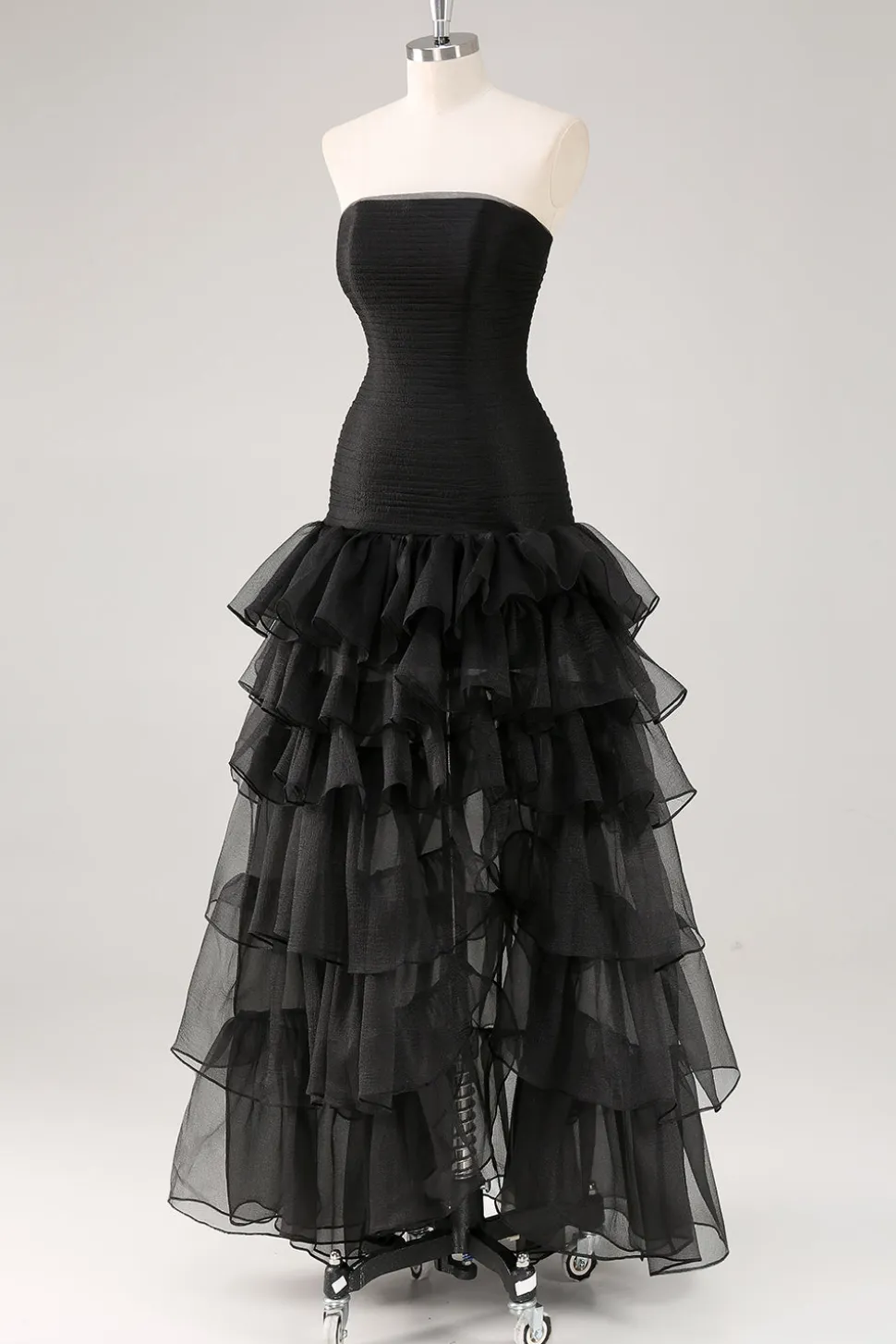 Vestidos Cerimónia Preto Longo Sem Alças Chiffon Tule Assimétrico