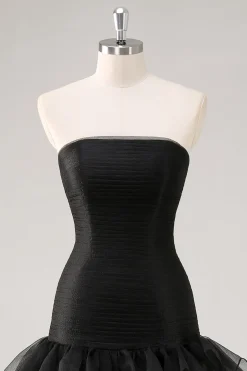 Vestidos Cerimónia Preto Longo Sem Alças Chiffon Tule Assimétrico