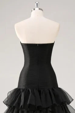 Vestidos Cerimónia Preto Longo Sem Alças Chiffon Tule Assimétrico