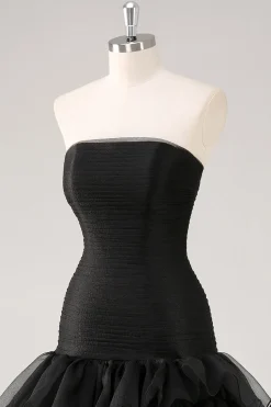 Vestidos Cerimónia Preto Longo Sem Alças Chiffon Tule Assimétrico