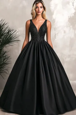 Vestidos Cerimónia Preto Linha-A Decote em V Cetim Longo