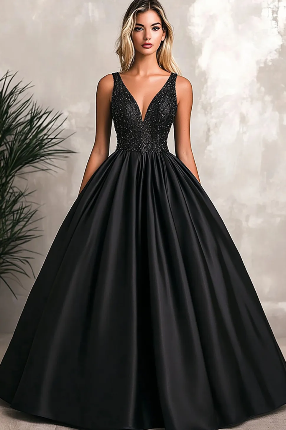 Vestidos Cerimónia Preto Linha-A Decote em V Cetim Longo