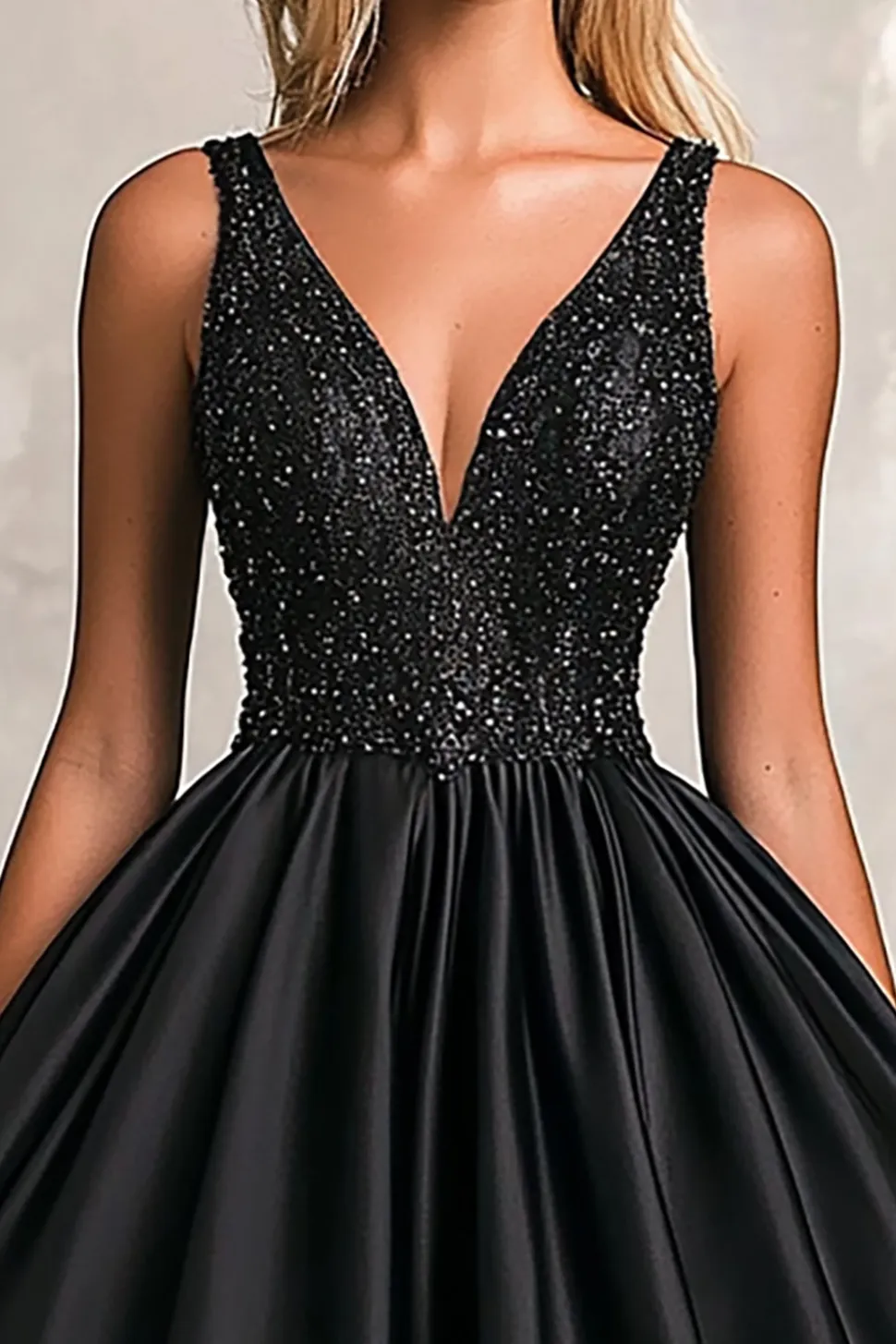 Vestidos Cerimónia Preto Linha-A Decote em V Cetim Longo