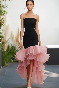 Vestidos Cerimónia Preto Rosa Sem Alças Babado Assimétrico Sereia