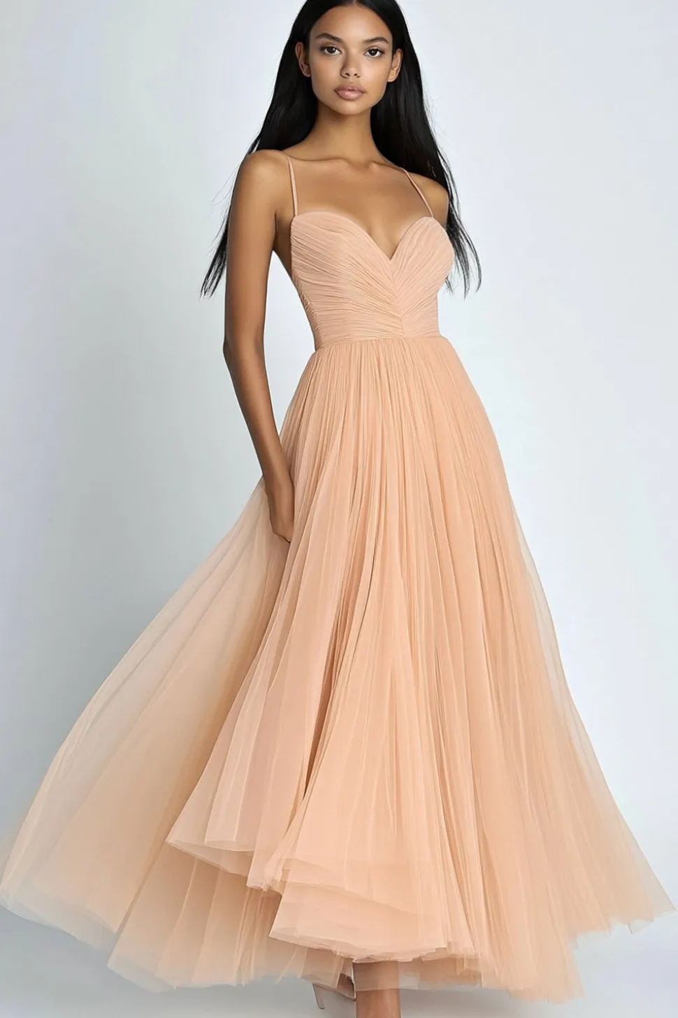 Vestidos Cerimónia Pêssego Alças Finas Tule Longo Linha-A