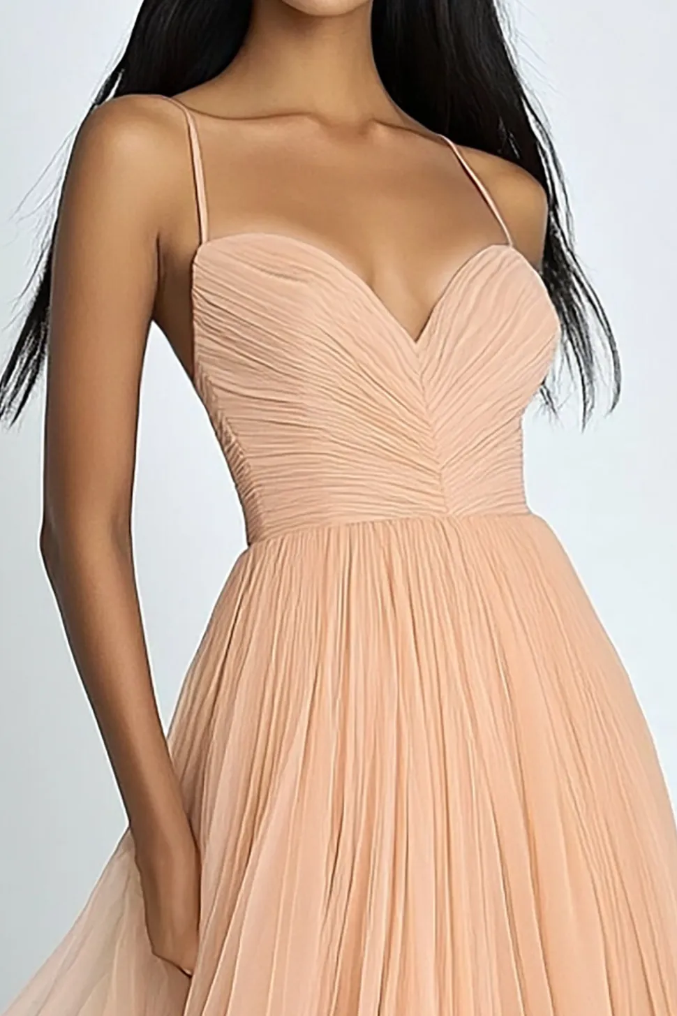 Vestidos Cerimónia Pêssego Alças Finas Tule Longo Linha-A