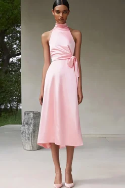Vestidos Cerimónia Rosa Linha-A Cabeçada Midi Cetim