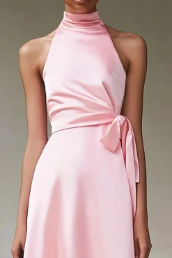 Vestidos Cerimónia Rosa Linha-A Cabeçada Midi Cetim