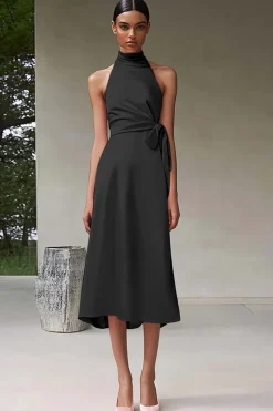 Vestidos Cerimónia Rosa Linha-A Cabeçada Midi Cetim