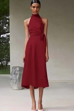 Vestidos Cerimónia Rosa Linha-A Cabeçada Midi Cetim