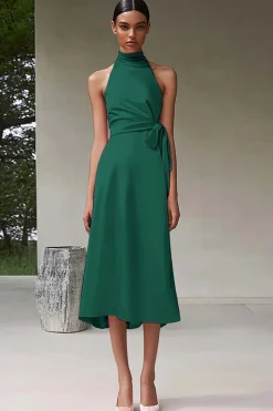 Vestidos Cerimónia Rosa Linha-A Cabeçada Midi Cetim