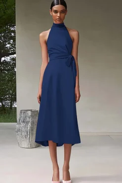 Vestidos Cerimónia Rosa Linha-A Cabeçada Midi Cetim