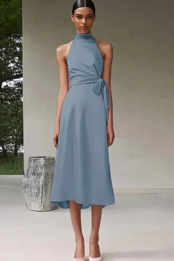 Vestidos Cerimónia Rosa Linha-A Cabeçada Midi Cetim