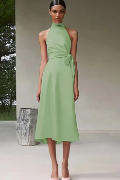 Vestidos Cerimónia Rosa Linha-A Cabeçada Midi Cetim