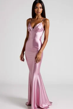 Vestidos Cerimónia Rosa Sereia Decote em V Longo Cetim