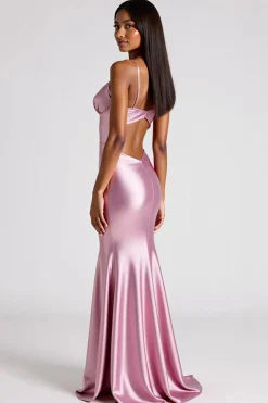 Vestidos Cerimónia Rosa Sereia Decote em V Longo Cetim
