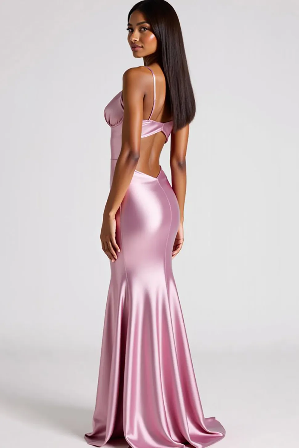 Vestidos Cerimónia Rosa Sereia Decote em V Longo Cetim