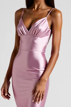 Vestidos Cerimónia Rosa Sereia Decote em V Longo Cetim