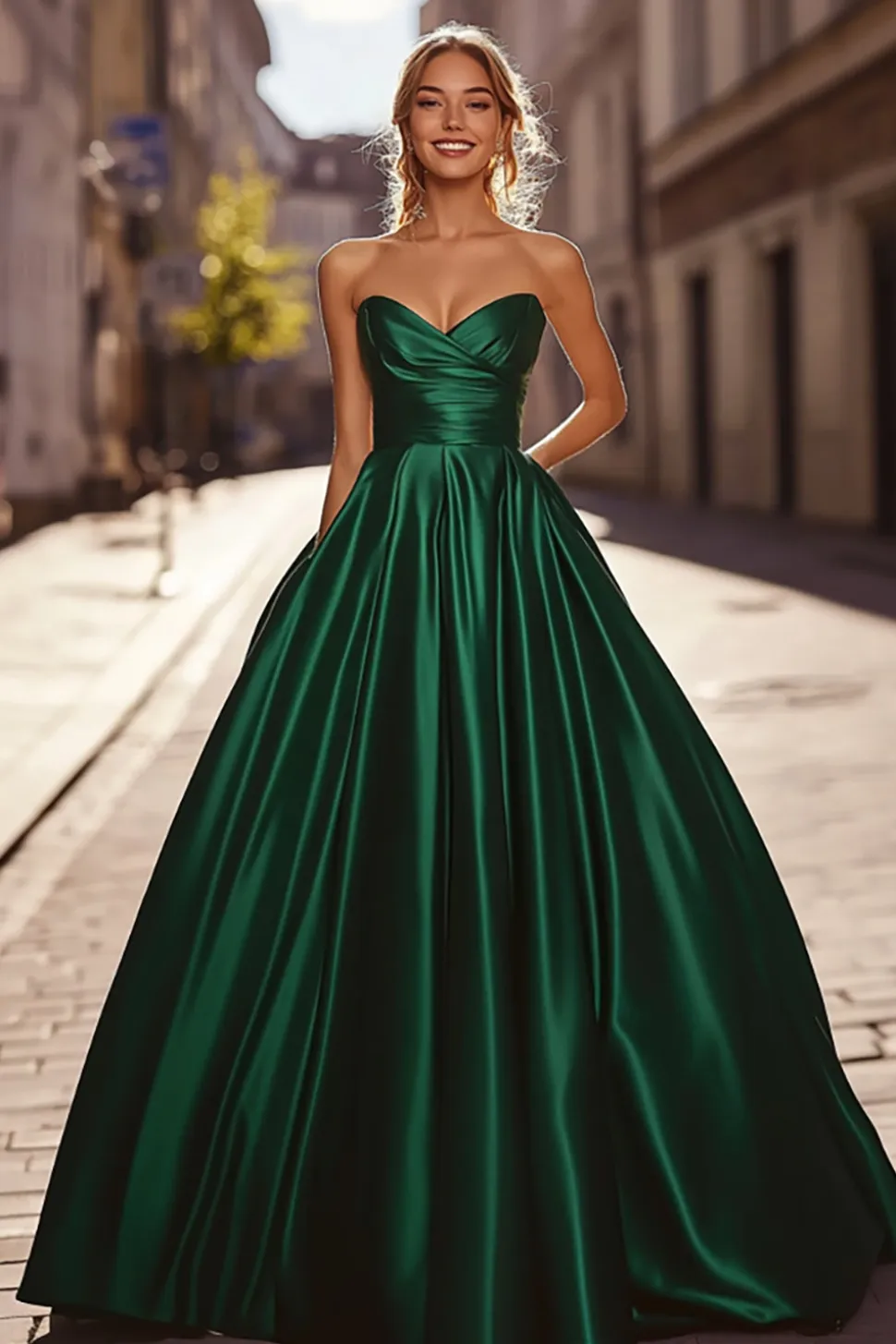 Vestidos Cerimónia Sem Alças Verde Escuro Cetim Longo