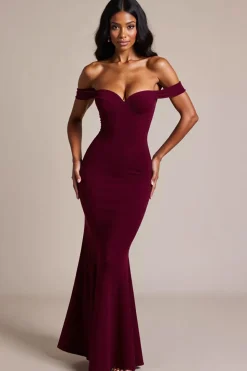 Vestidos Cerimónia Sereia Borgonha Fora do Ombro Longo
