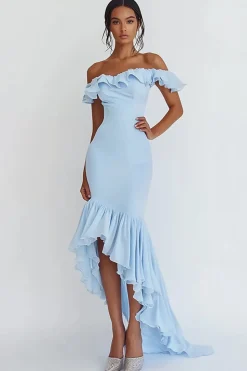 Vestidos Cerimónia Sereia Longo Céu Azul Fora do Ombro Assimétrico