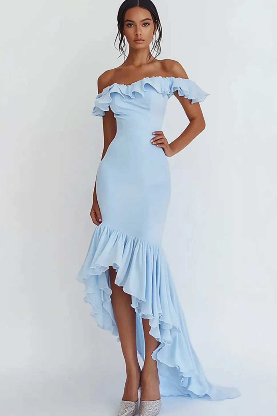 Vestidos Cerimónia Sereia Longo Céu Azul Fora do Ombro Assimétrico