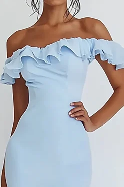 Vestidos Cerimónia Sereia Longo Céu Azul Fora do Ombro Assimétrico
