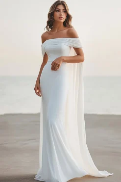 Vestidos Cerimónia Sereia Branco Fora do Ombro Longo Chiffon