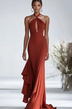 Vestidos Cerimónia Terracota Longo Cabeçada Sereia
