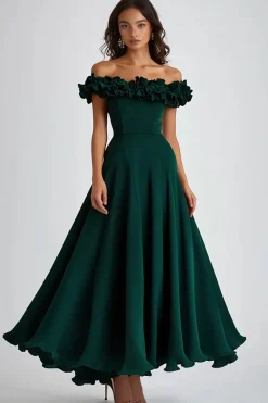 Vestidos Cerimónia Verde Escuro Fora do Ombro Longo Cetim Babados