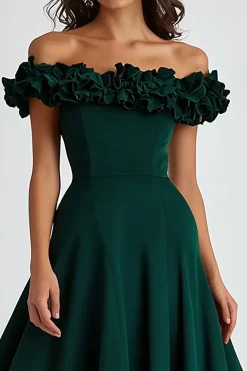 Vestidos Cerimónia Verde Escuro Fora do Ombro Longo Cetim Babados