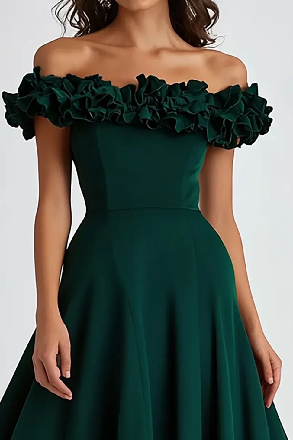 Vestidos Cerimónia Verde Escuro Fora do Ombro Longo Cetim Babados