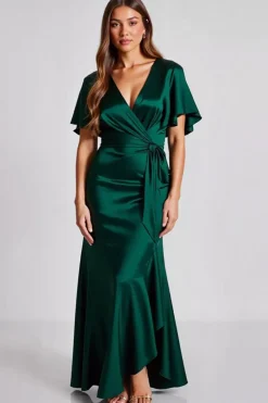 Vestidos Cerimónia Verde Escuro Longo Cetim Mangas Curtas