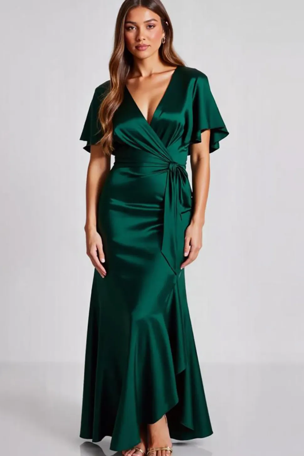 Vestidos Cerimónia Verde Escuro Longo Cetim Mangas Curtas