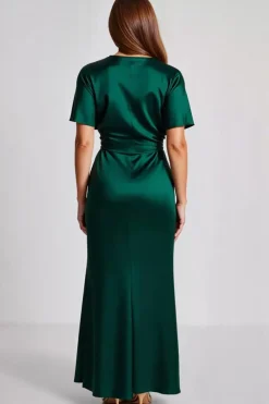 Vestidos Cerimónia Verde Escuro Longo Cetim Mangas Curtas