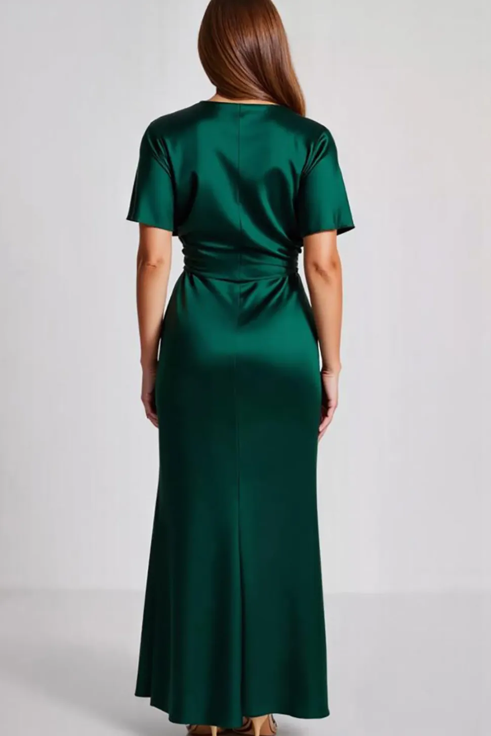 Vestidos Cerimónia Verde Escuro Longo Cetim Mangas Curtas