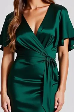 Vestidos Cerimónia Verde Escuro Longo Cetim Mangas Curtas