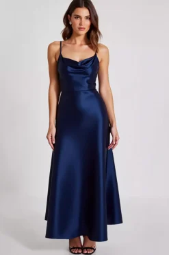 Vestidos Cerimónial Cetim Longo Marinha Linha-A Alças Finas