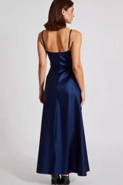 Vestidos Cerimónial Cetim Longo Marinha Linha-A Alças Finas
