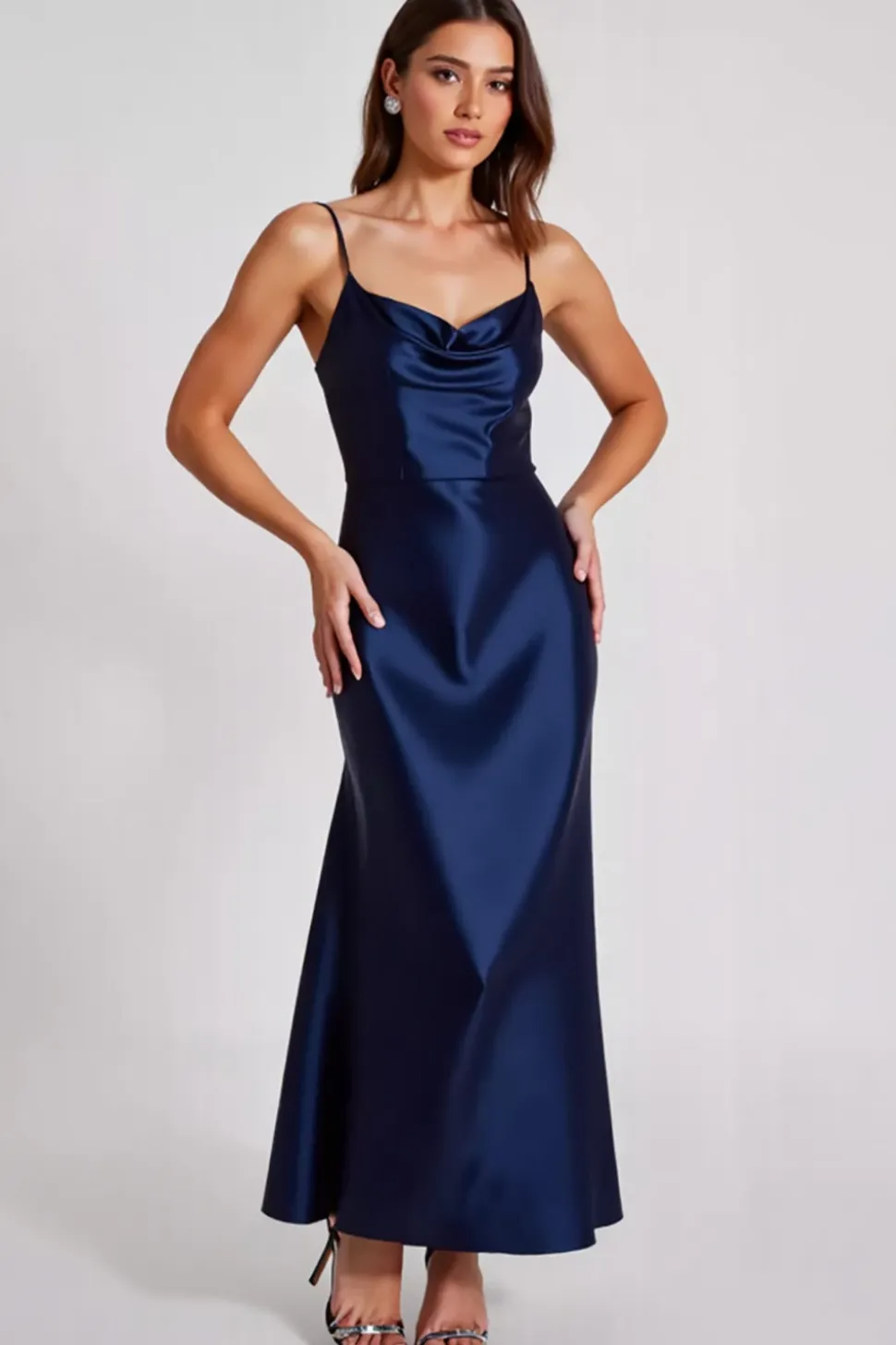 Vestidos Cerimónial Cetim Longo Marinha Linha-A Alças Finas