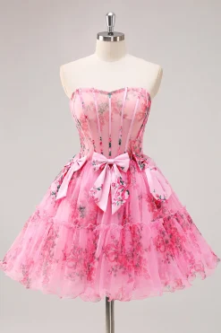 Vestidos Cocktail Floral Fúcsia Curto/Mini Linha-A Alças Finas Arco