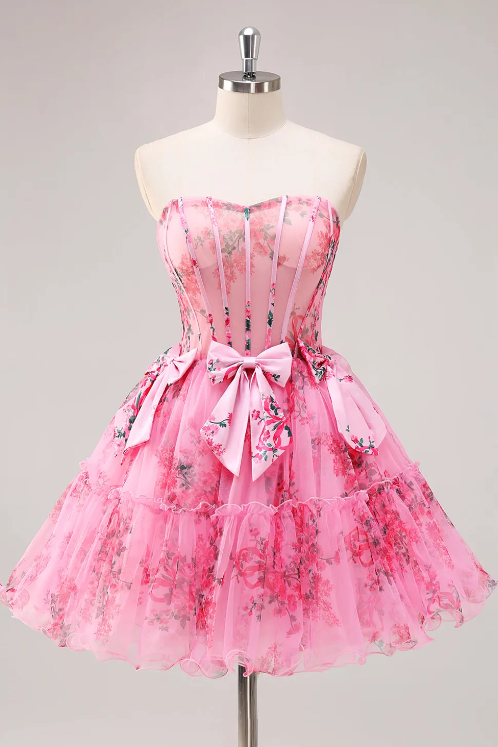 Vestidos Cocktail Floral Fúcsia Curto/Mini Linha-A Alças Finas Arco