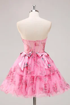 Vestidos Cocktail Floral Fúcsia Curto/Mini Linha-A Alças Finas Arco