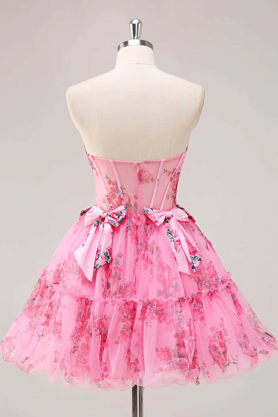 Vestidos Cocktail Floral Fúcsia Curto/Mini Linha-A Alças Finas Arco