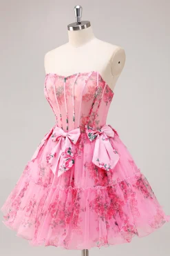 Vestidos Cocktail Floral Fúcsia Curto/Mini Linha-A Alças Finas Arco