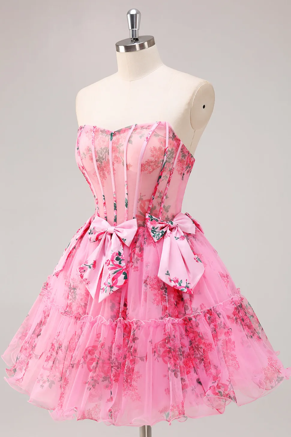 Vestidos Cocktail Floral Fúcsia Curto/Mini Linha-A Alças Finas Arco